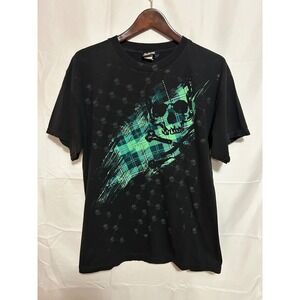 Hybrid Tees Mens Skull Crossbones Green Plaid Graphic T-Shirt Black Large Y2K